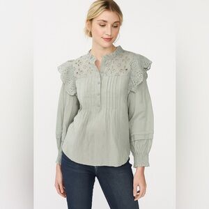 By the River | Sage Green Long Sleeve Eyelet Blouse Top Sz S